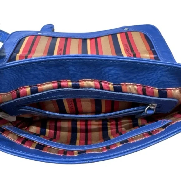 Tignanello Leather Crossbody Bag Blue Adjustable Strap Colorful Striped Lining - Picture 11 of 15